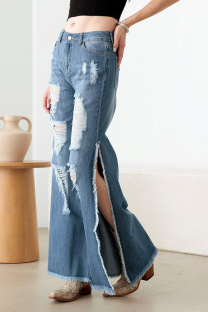 Blue Side Slit Wide Leg Destroyed Jeans