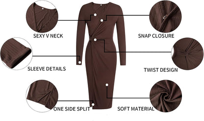 Women'S Long Sleeve Dress: Midi Casual V Neck Dresses Twist Waist Ribbed Knit Bodycon Slit Cocktail Party Dress