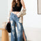 Blue Side Slit Wide Leg Destroyed Jeans