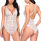 Women One Piece Lingerie Deep V Teddy Sexy Lace Bodysuit White M