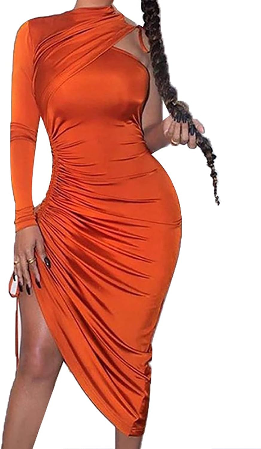 Women Sexy Bodycon Ruched Dress One Shoulder Long Sleeve Mock Neck Party Dress Drawstring Side Midi Dress Orange XL